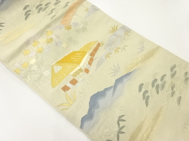 アンティーク　家屋風景模様織出し袋帯（材料）